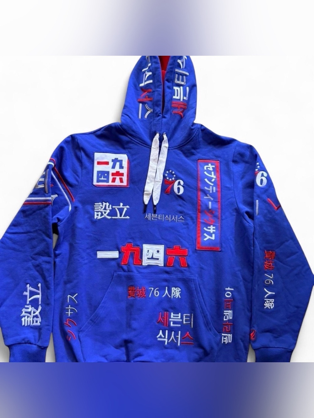 Blue Graphic Crewneck Hoodie with Multilingual Patchwork